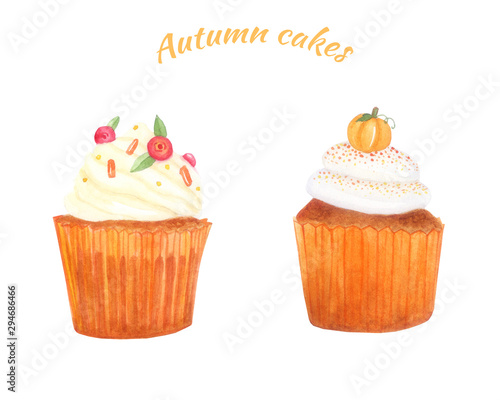 watercolor set with pumpkins cuocakes. Cupcakes with berry. Sweet design