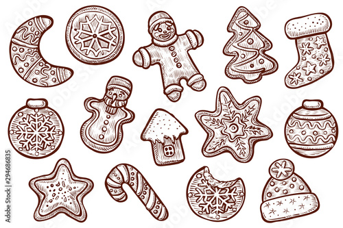 Gingerbread cookies vector, line drawings. Christmas gingerman, icing sweet house.