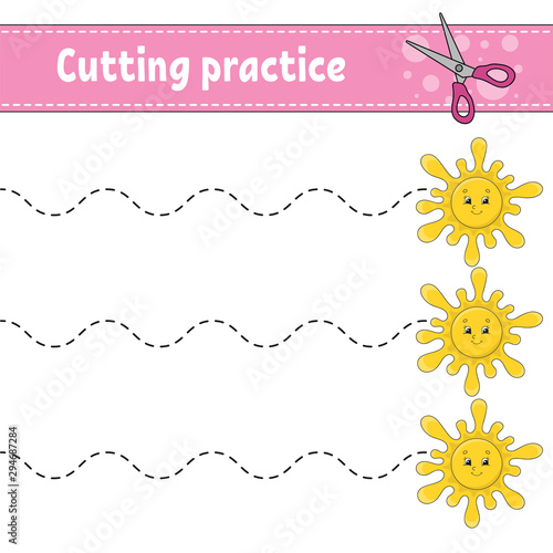 Cutting practice for kids. Education developing worksheet. Activity page with pictures. Game for children. Isolated vector illustration. Funny character. Cartoon style.