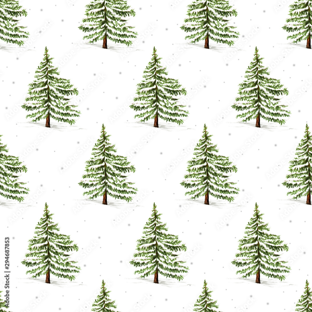 Winter seamless pattern with christmas trees and snowflakes. Christmas Background with winter with Fir Tree