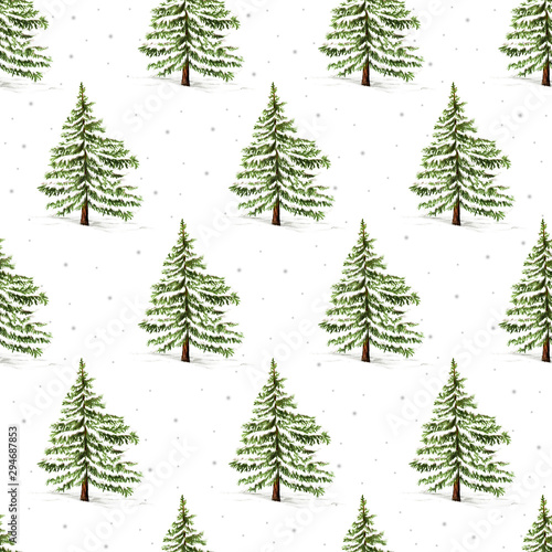 Winter seamless pattern with christmas trees and snowflakes. Christmas Background with winter with Fir Tree © turcanlena