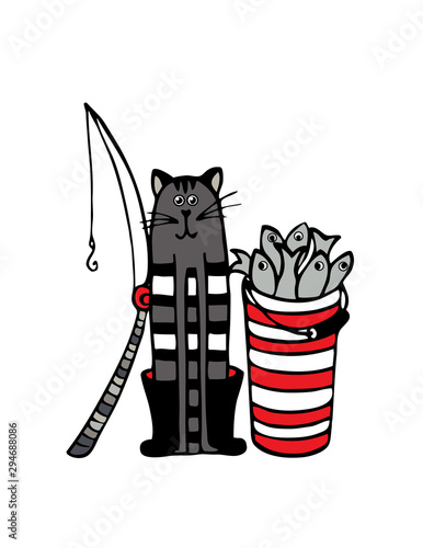 Cat fisherman with a bucket of fish and fishing rod. Vector