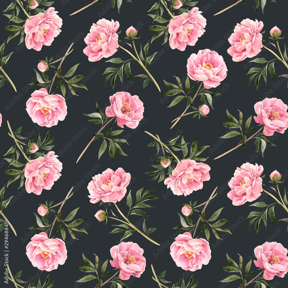 Watercolor peony seamless vector pattern