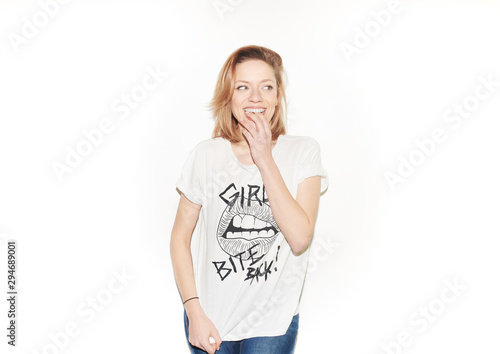 Laughing casual woman in trendy t-shirt photo