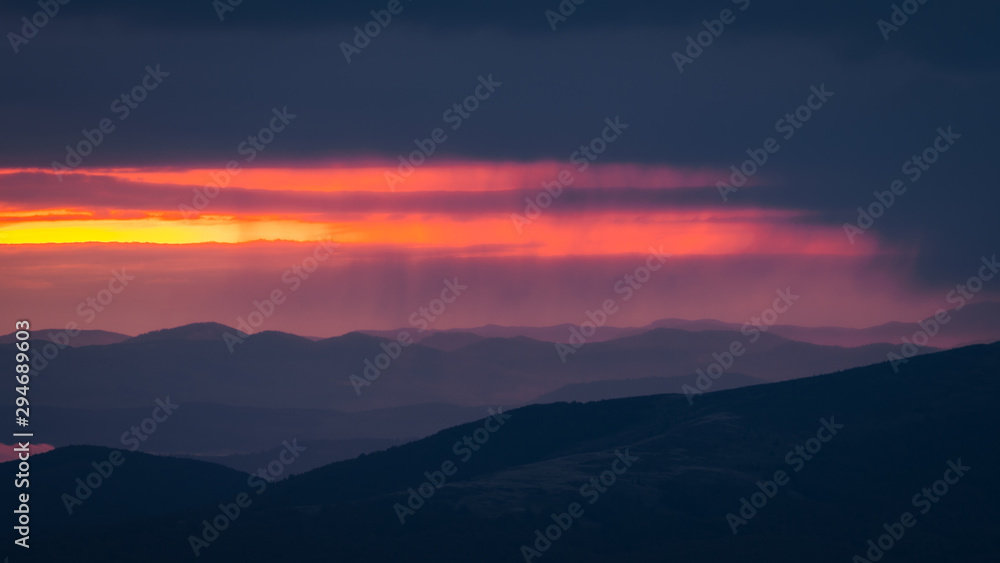 Splendis sunrise in the mountains. Bieszczady Mountains. Poland