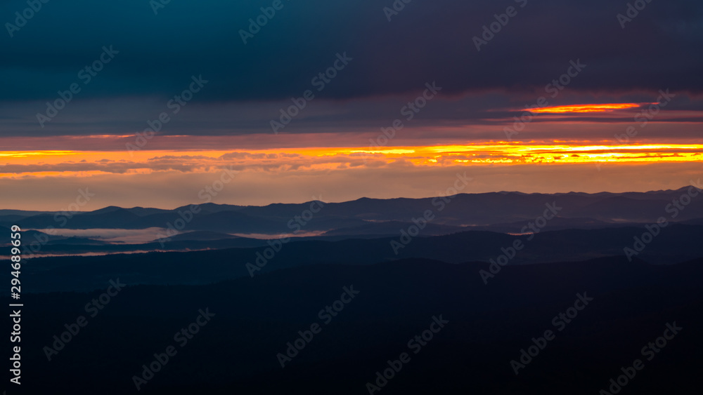 Splendis sunrise in the mountains. Bieszczady Mountains. Poland