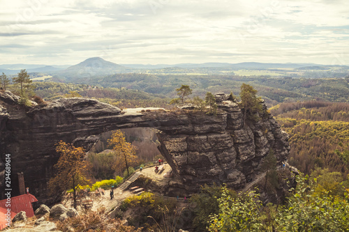 Autumn landscape - Pravcicka brana (Prebischtor) - a narrow rock formation in Bohemian Switzerland, Czech Republic, the largest natural sandstone arch in Europe, monument in Elbe Sandstone Mountains