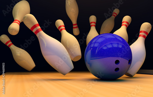 Bowling strike with pins and ball.