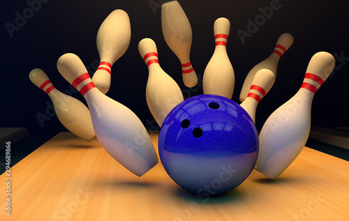 Bowling strike with pins and ball.