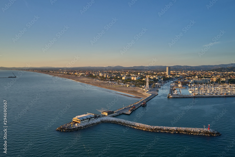 The famous resort of Rimini, Italy. Aerial view of Rimini. Ferris Wheel, Coastline