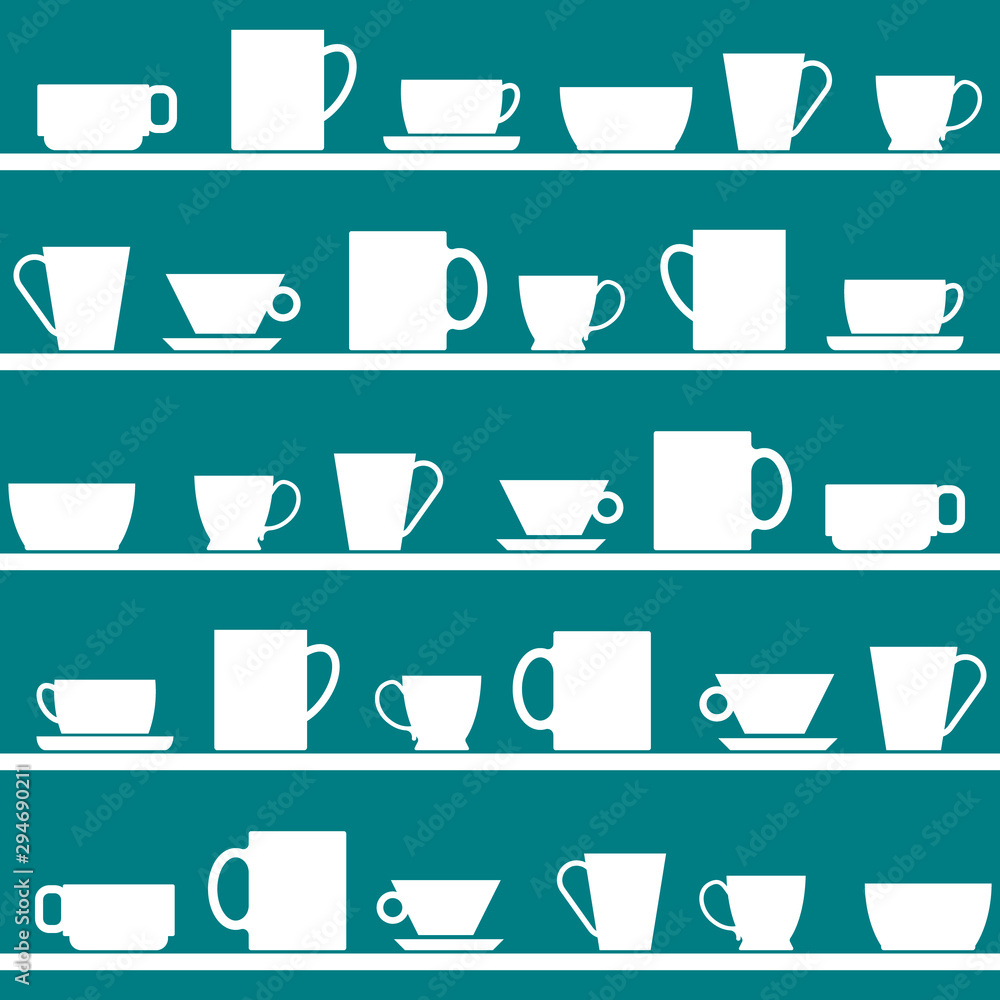 shelves with cups and mugs, seamless pattern. vector illustration. shelves with cups and mugs, seamless pattern. vector illustration.