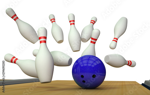 Bowling strike with a ball and skittles