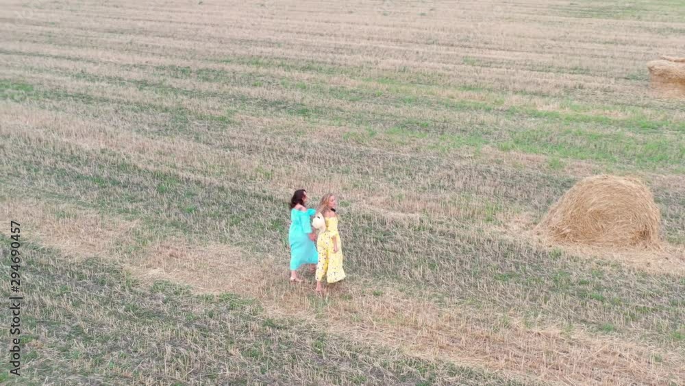 Two girl are walking in dress on field with sheaves of hay at sunset. Aerial view of field Two girl are walking in dress on field with sheaves of hay at sunset. Aerial view of field