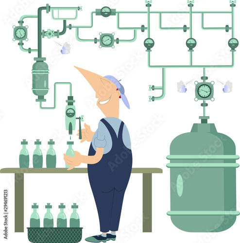 Pipe construction and a worker bottles a beverages illustration.  Pipe construction and smiling worker bottles a beverages isolated on white