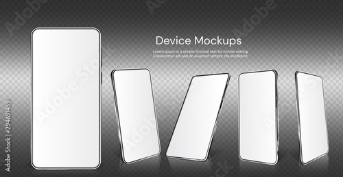 Realistic smartphone mockup. Cellphone with blank display isolated templates, different angles views. Vector illustration