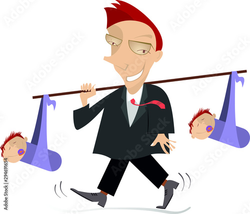 Father and two babies fun illustration. Smiling young man carries two babies with pacifiers in the mouth knotted to the stick isolated on white