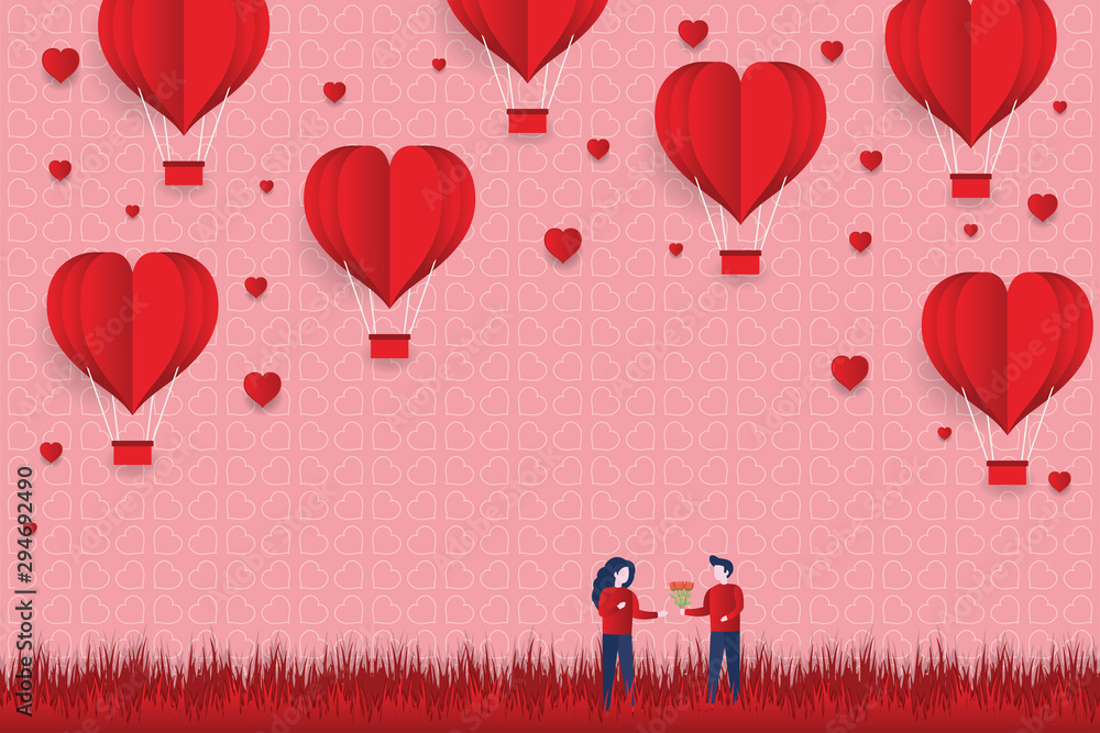 Fototapeta Concept of Valentine's Day, Art paper flying heart balloons. vector illustration. Wallpapers, leaflets, invitations, posters, brochures, banners. EPS 10