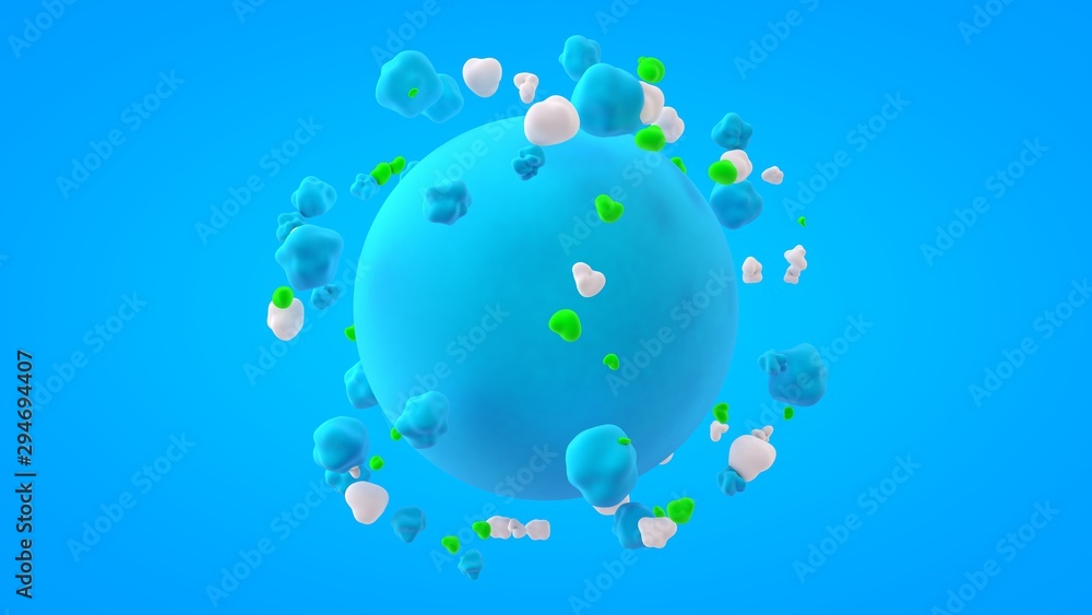 3D image of a blue object of round shape surrounded by many flexible shapeless balls. 3D rendering of an abstract composition of many objects of futuristic, natural design. 3D image of a blue object of round shape surrounded by many flexible shapeless balls. 3D rendering of an abstract composition of many objects of futuristic, natural design.