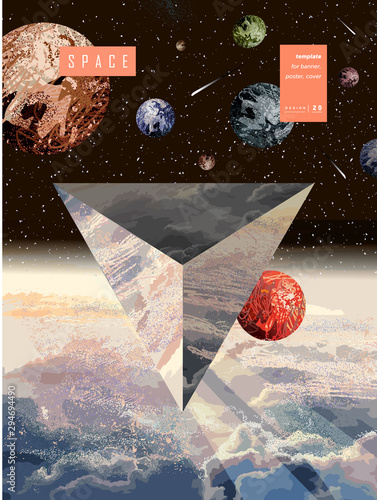 Space and science fiction. Vector illustration of a space flying triangular object. Geometric UFO, Mars, Earth, stars and planets in cosmos. Spaceship with aliens.