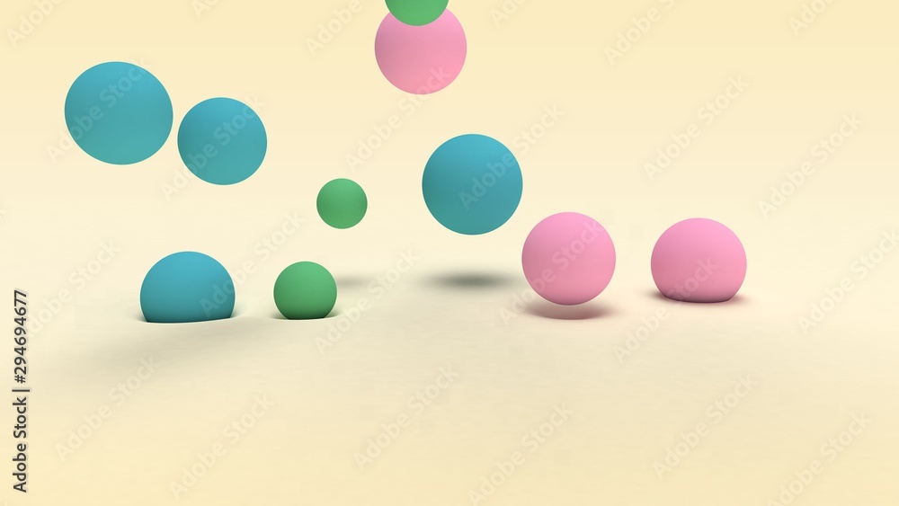 3D rendering of many colored balls of different sizes on a beige surface and in the space above the half-surface. Abstract background, futuristic design, desktop image, abstract compositions.