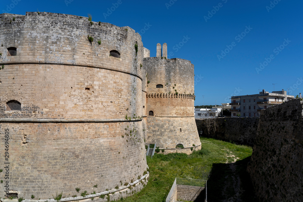Otranto, APULIA, Italy. The Aragonese castle is the defensive stronghold city of Otranto. A historical defense tower as part of the city wall of Otranto in Italy.