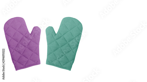 Pair of colorful oven gloves on white background
