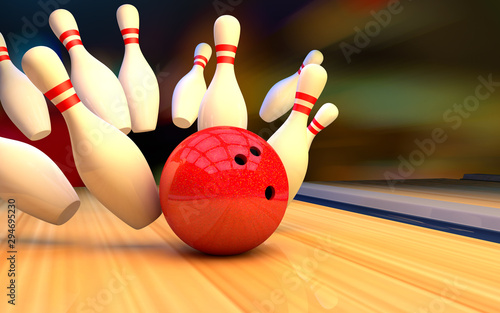 Bowling strike with a ball and skittles