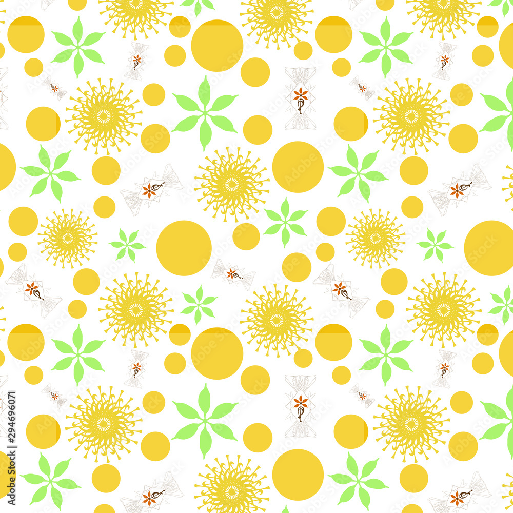 Vector pattern repeat of floral motifs and spots. Vector pattern repeat of floral motifs and spots.