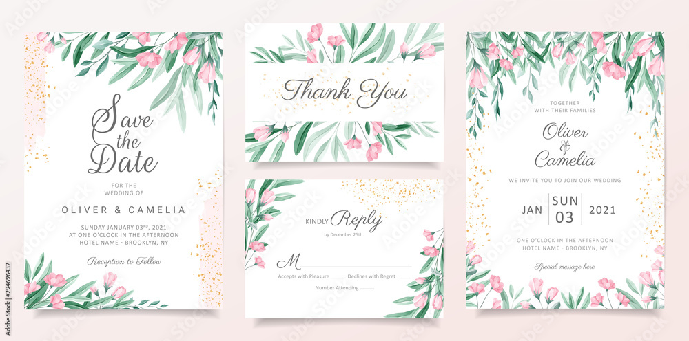 Romantic floral wedding invitation card template set with watercolor flowers, leaves, and golden decorative. Botanical card background set