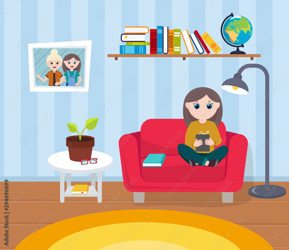 Girl reading ebook on red couch at living room. Vector illustration