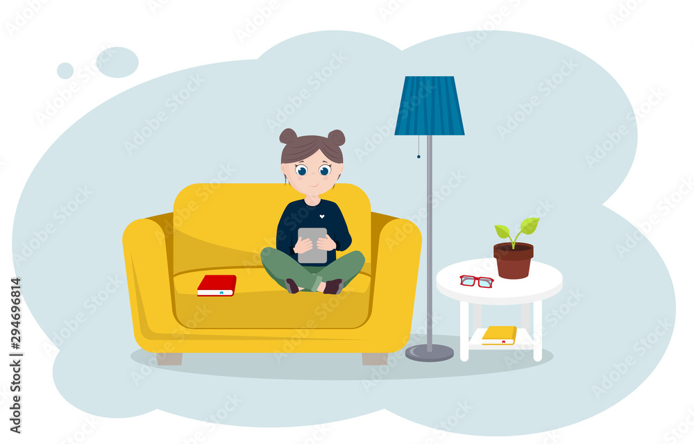 Fototapeta premium Girl with ebook on couch at home. Vector flat illustration.