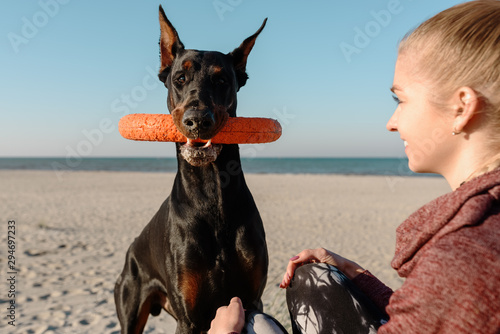 Woman and playful Doberman with toy on beach photo