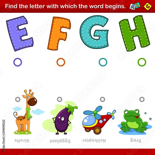 A set of illustrations for children where you need to combine the letter E, F, G and H with the beginning of the words in the pictures with the image of a giraffe, eggplant, helicopter and frog. Enter