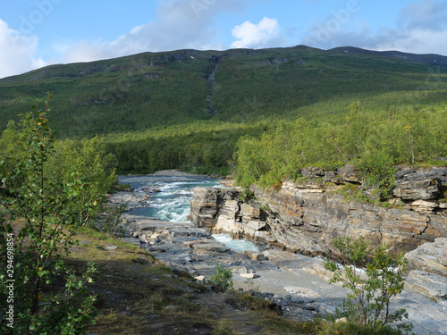 Lapland nature landscape. Abisko blue river canyon carved in the limestone and granite by glacial water. Abisko National Park, Lapland, Northern Sweden close to Abisko Fjallstation at the start of