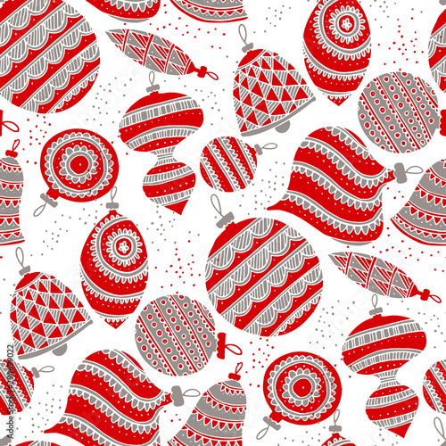 Cute bright red and gray xmas balls seamless pattern