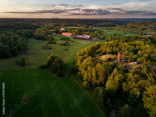 Aerial view of a rural Swedish landscape at sunset