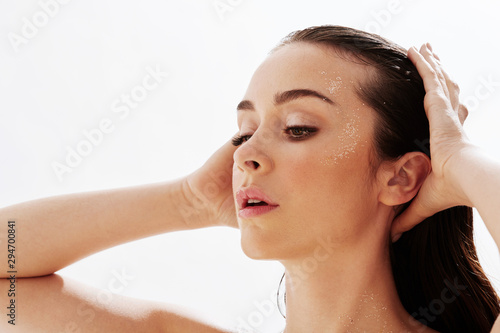 Relaxing woman portrait after swim photo