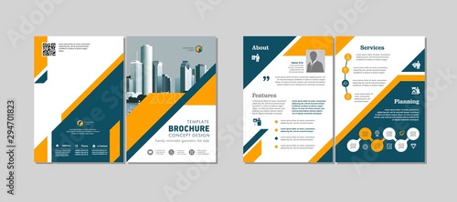 Bi-fold brochure creative design. Multipurpose template with cover, back and inside pages. Trendy minimalist flat geometric design. Vertical a4 format.