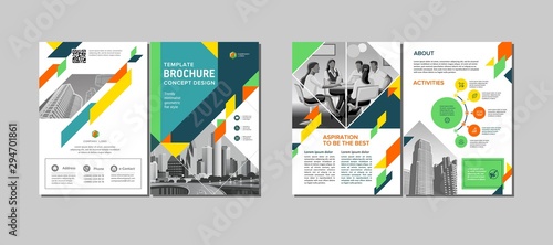 Bi-fold brochure creative design. Multipurpose template with cover, back and inside pages. Trendy minimalist flat geometric design. Vertical a4 format.