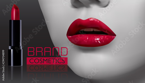 woman lips with red lipstick on black background.Lipstick make up beauty product illustration.Vector illustration.