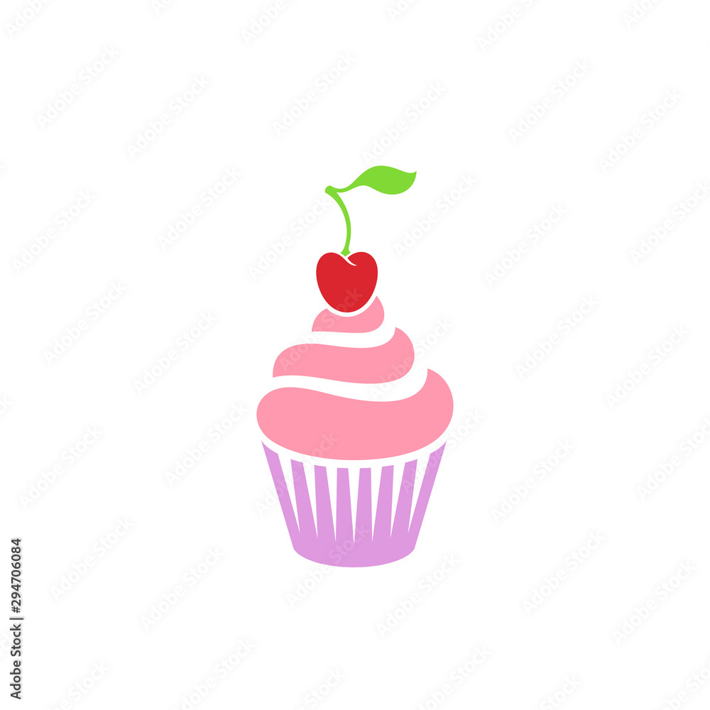 Cupcake. Logo. Sweet dessert. Isolated cupcake with cherry on white background Cupcake. Logo. Sweet dessert. Isolated cupcake with cherry on white background