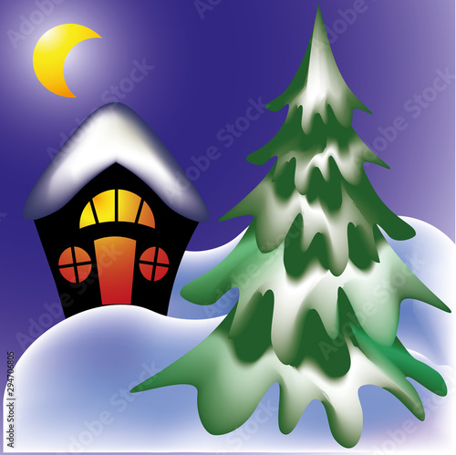 Fairytale house near a large Christmas tree with snowdrifts on the roof on a winter night