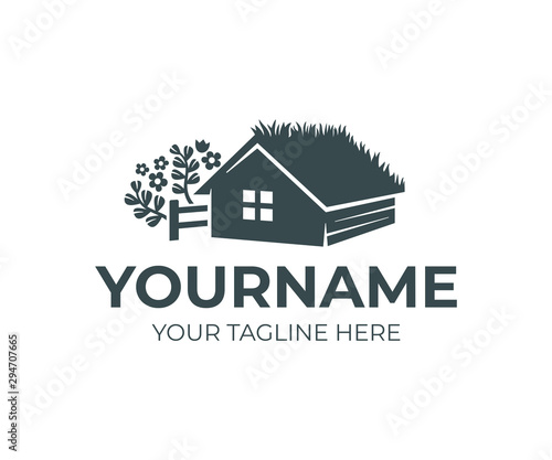 Farm home with grass on roof or green roof  fence and herbs  logo design. House or home rustic  rural scene and countryside  vector design and illustration