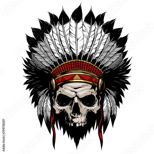 American indian skull with feather hat