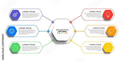 6 steps infographic template with realistic hexagonal elements on white background. business process diagram. company presentation slide template. modern vector info graphic layout design. eps 10
