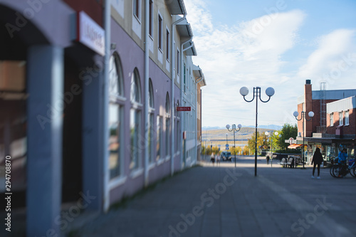 Summer sunny view of Kiruna streets, the northernmost town in Sweden, province of Lapland, Norrbotten County