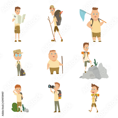 Collection of children scouts camping outfit, summer camp activities.