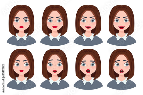 emotions on the face of a cute brunette girl. vector illustration.