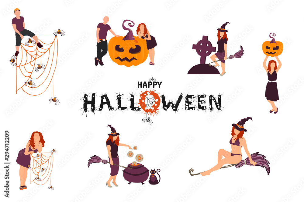 Fototapeta premium Happy Halloween party people set. Pumpkin with scary face, girl in witch hat and broomstick, giant spider web net with many smile spiders. Color vector illustration for party banner, poster, flyer
