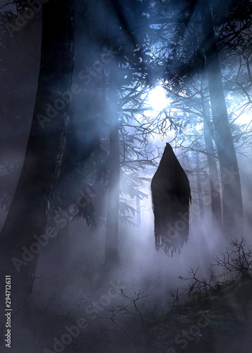 Scary ghost in moonlight forest with mist and raylight  - concept art - 3D rendering  photo